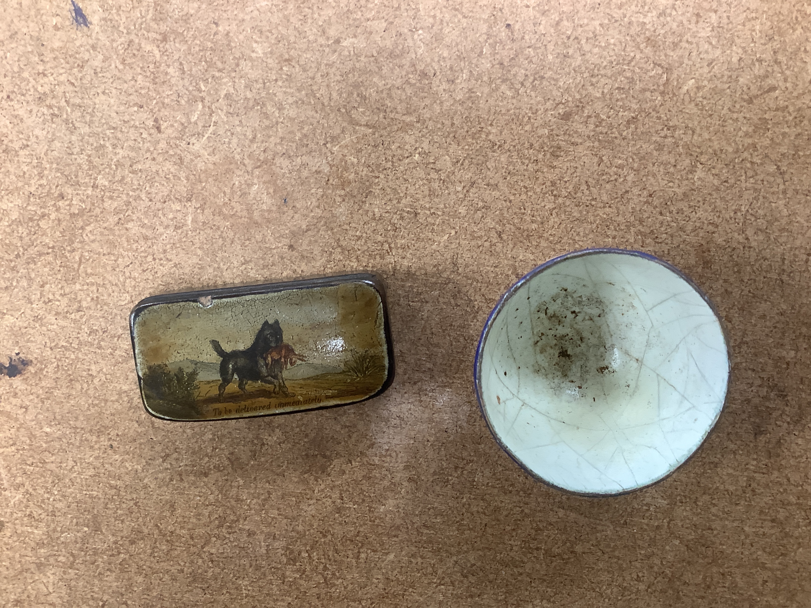 Two South Staffordshire enamel sweetheart patch boxes and two similar snuff boxes, three South Staffordshire enamel pill boxes, all late 18th/early 19th century, South Staffordshire enamel cup and associated cover and a